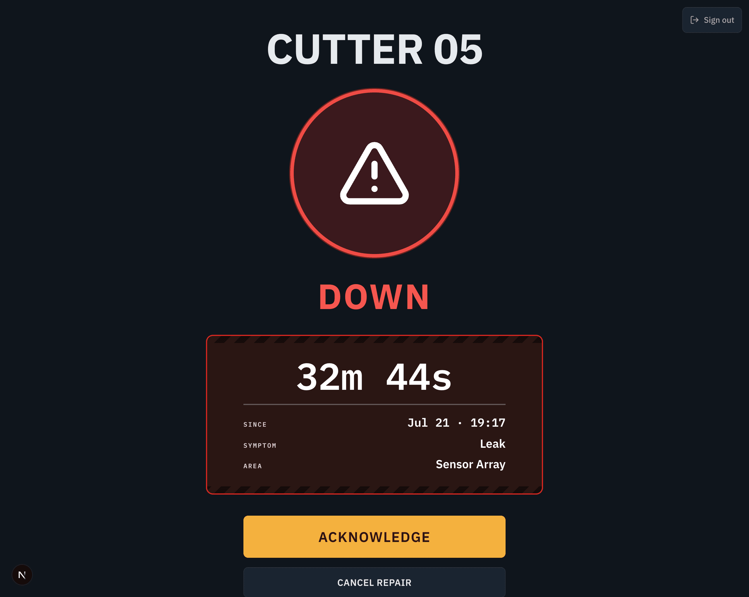 The Karios machine panel for Cutter 05, showing a large red DOWN state, an elapsed timer of 31 minutes, the reported symptom and area, and a full-width Acknowledge button.